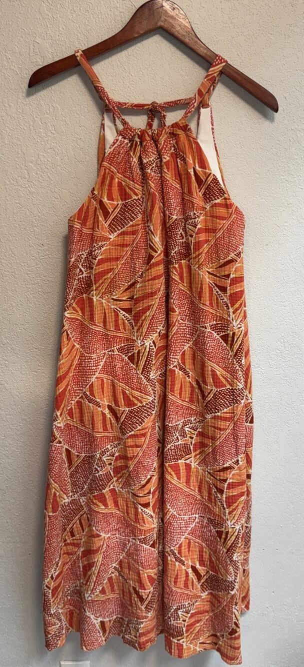 SheBird Dress Orange Leaf Print Sleeveless Maxi Pockets Boho Womens Size 3